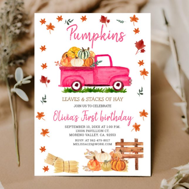 Invitación Calabaza, Hay, Hojas, Camión Rosa de Cumpleaños Ca (Subido por el creador)