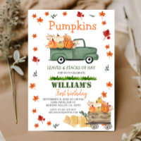 Calabaza, heno, hojas, camioneta verde de cumpleañ