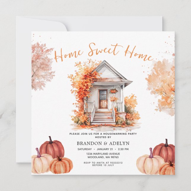 Invitación Calabaza Hogar Dulce Hogar Flores de Otoño (Anverso)