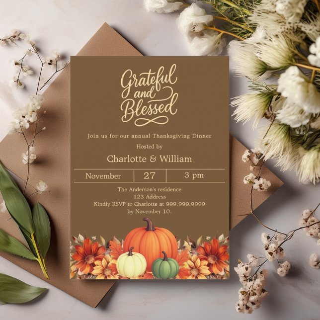 Invitación Calabaza marrón bendecida y agradecida Acción de G (Subido por el creador)