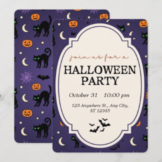 Invitación Calabaza Morada Gato Negro Fiesta de Halloween