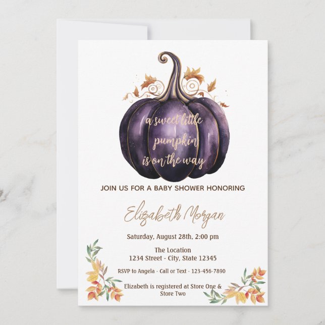 Invitación Calabaza morada, otoño deja Baby Shower (Anverso)