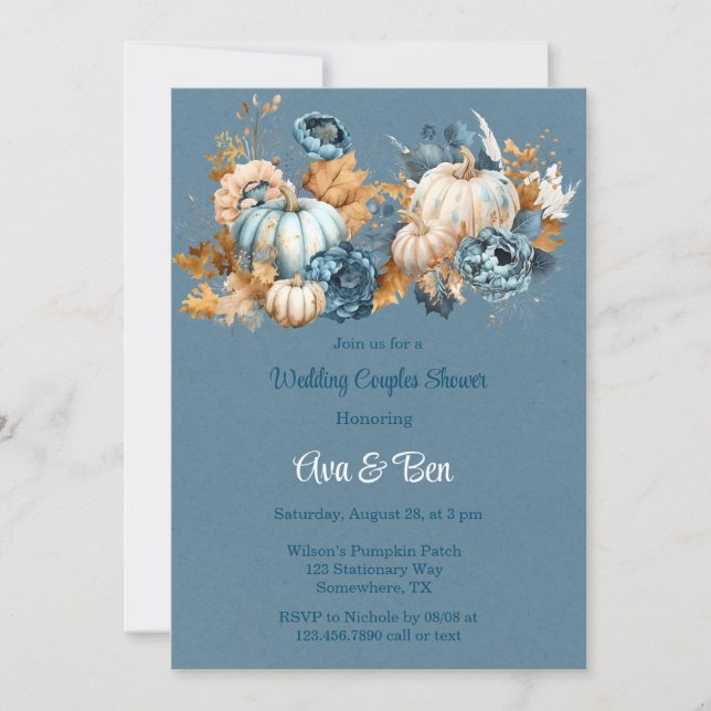 Invitación Calabaza Naranja azul Peony Bodas Ducha (Anverso)