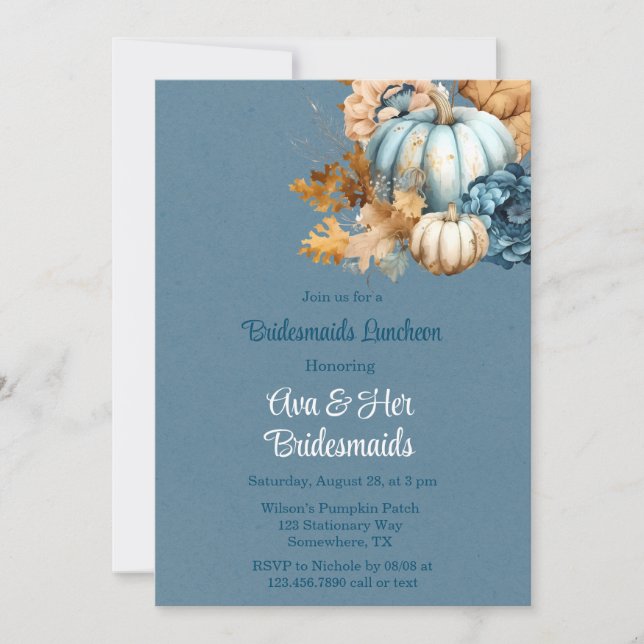 Invitación Calabaza Naranja azul Peony Bridesmaids Luncheon (Anverso)