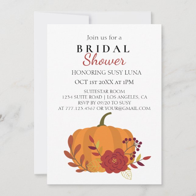 Invitación Calabaza Naranja de la cosecha de otoño con flores (Anverso)