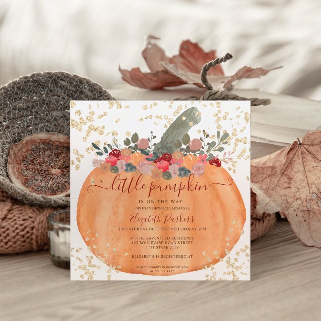 Invitación Calabaza naranja purpurina dorada acuarela ducha b (Gold glitter orange pumpkin watercolor baby shower invitation)