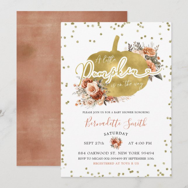 Invitación Calabaza Naranja quemada de oro y flores Baby Show (Anverso / Reverso)