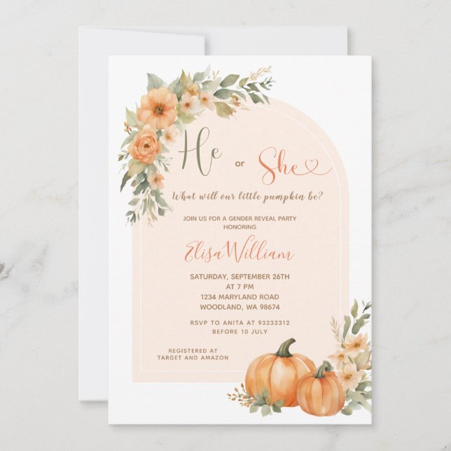 Invitación Calabaza naranja Se Cae La Revelación De Género Fl (Anverso)