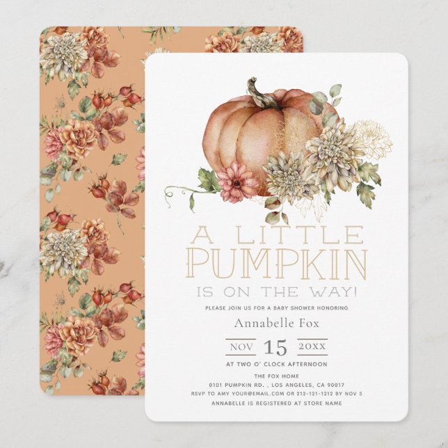 Invitación Calabaza naranja y Baby Shower Dahlia blanca (Anverso / Reverso)