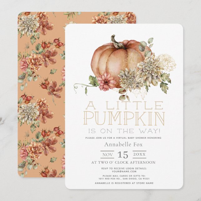 Invitación Calabaza naranja y Baby Shower virtual de Dahlia b (Anverso / Reverso)