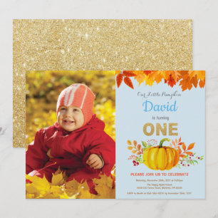 Invitación Calabaza Niño Caída Primer Cumpleaños Dorado Brill