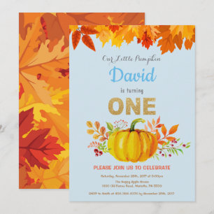 Invitación Calabaza Niño Cumpleaños Otoño Primero Dorado Bril