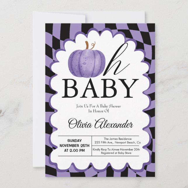 Invitación Calabaza Oh Bebé Morado Chequeado Baby Shower (Anverso)
