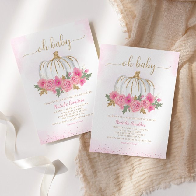 Invitación Calabaza oro rosa otoño floral chica bebé ducha (Subido por el creador)