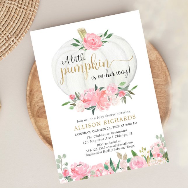 Invitación Calabaza oro rosa otoño floral chica bebé ducha (Subido por el creador)