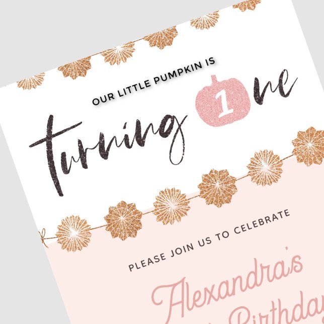 Invitación Calabaza Oro Rosado Halloween 1er cumpleaños (Halloween-1st-birthday-Invitation-Pumpkin-Pink-gold-Floral-1)