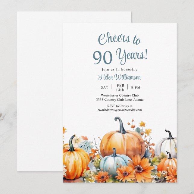 Invitación Calabaza otoñal 90º cumpleaños Saludos a 90 años (Anverso / Reverso)