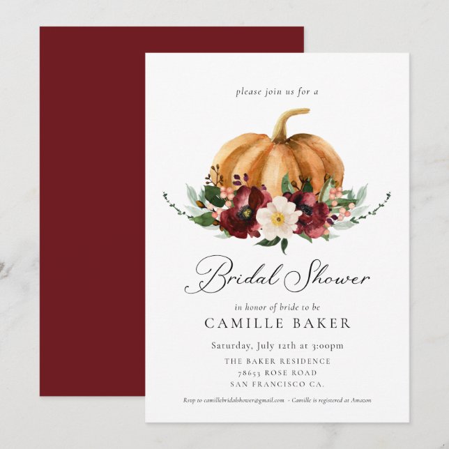 Invitación Calabaza otoñal Borgoña Floral Bridal Shower (Anverso / Reverso)