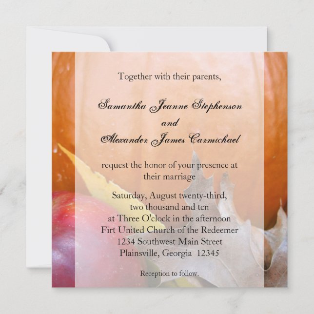 Invitación Calabaza otoñal, manzana y hojas coloridas (Anverso)
