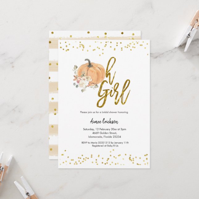 Invitación Calabaza otoñal Oh Chica Baby Shower (Anverso/Reverso In Situ)