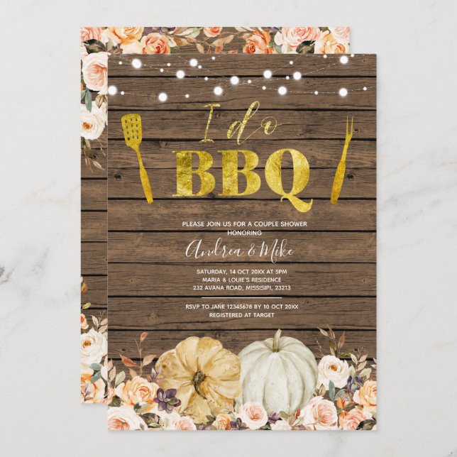 Invitación Calabaza otoñal Yo hago BBQ Pareja Ducha Invitació (Anverso / Reverso)