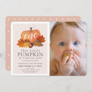 Invitación Calabaza otoño deja Chica rosa foto primer cumplea