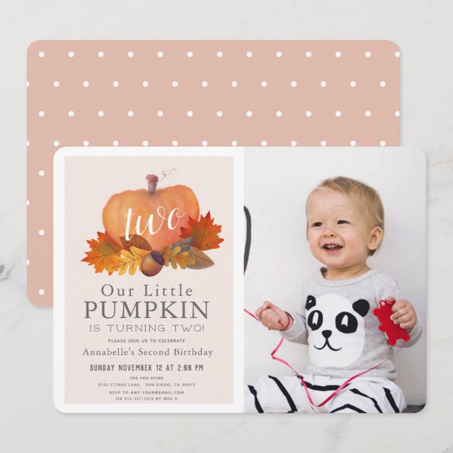 Invitación Calabaza otoño deja Chica rosa foto segundo cumple (Anverso / Reverso)
