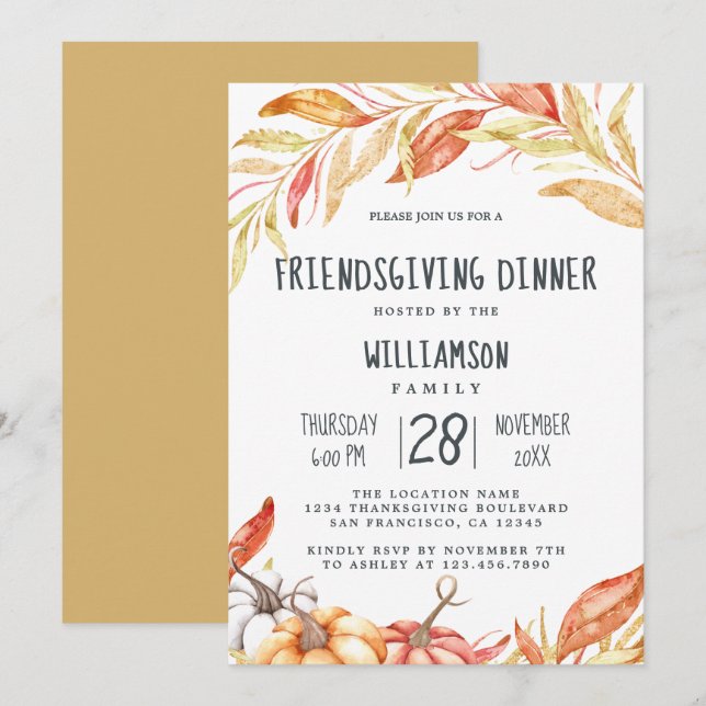 Invitación Calabaza otoño Dorada Foliage Friendship Dinner (Anverso / Reverso)