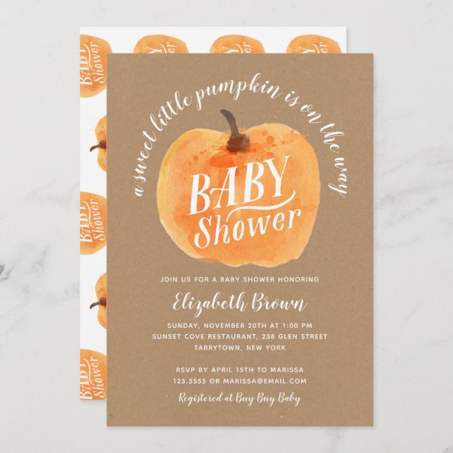 Invitación Calabaza otoño Kraft Baby Shower (Anverso / Reverso)