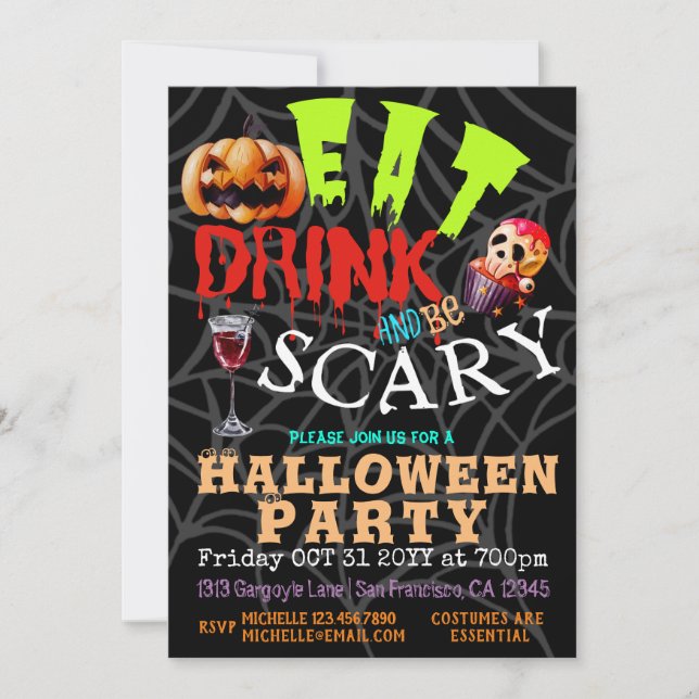 Invitación Calabaza parlanchín come bebida y da miedo Hallowe (Anverso)