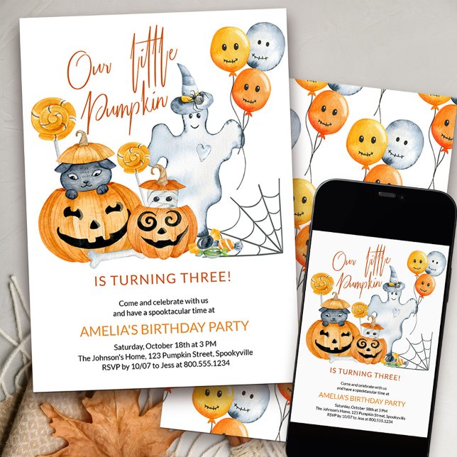 Invitación Calabaza pequeña cumple tres años de Halloween (Our Litlte Pumpkin kids birthday invitation)
