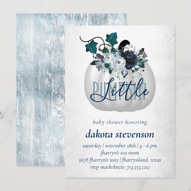 Invitación Calabaza pequeña | Dusty Blue Floral Baby Shower (Anverso / Reverso)