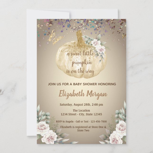 Invitación Calabaza pequeña, flores, Baby Shower mariposa (Anverso)