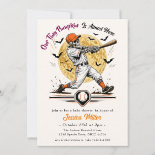 Invitación Calabaza Pequeña Halloween Béisbol Esqueleto
