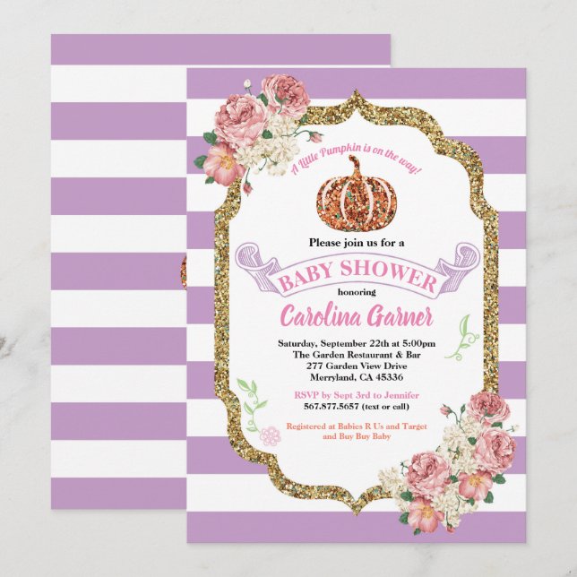 Invitación Calabaza pequeña niña ducha morado y oro (Anverso / Reverso)