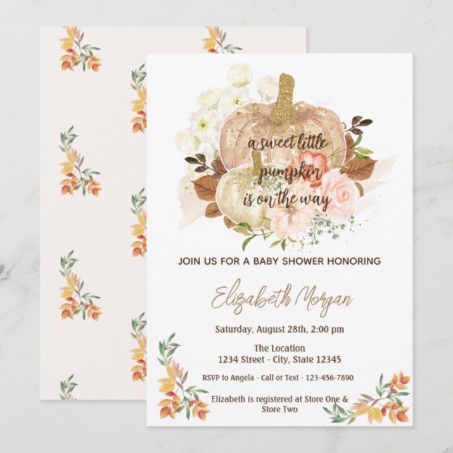 Invitación Calabaza pequeña, otoño deja Baby Shower (Anverso / Reverso)