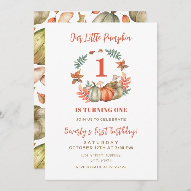 Invitación Calabaza pequeña se vuelve un otoño primer cumplea (Anverso / Reverso)