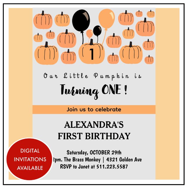 Invitación Calabaza pequeña se vuelve un primer cumpleaños de (Halloween-1st-Birthday-Invitation-Little-Pumpkin-Turning-one-orange-1)