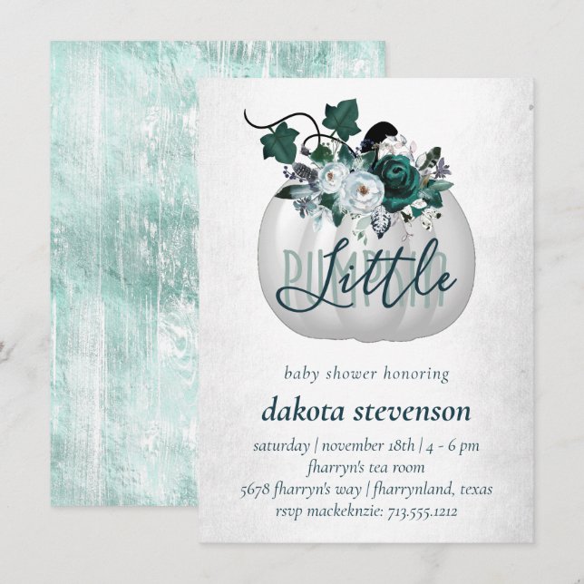 Invitación Calabaza pequeña | Verde azulado Baby Shower de Fl (Anverso / Reverso)