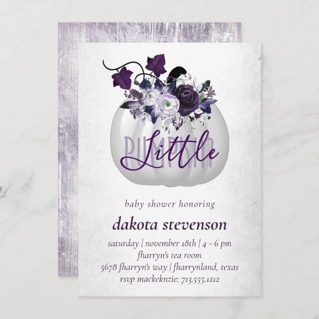 Invitación Calabaza pequeña | Violet Purple Floral Baby Showe (Anverso / Reverso)