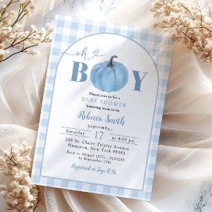 Invitación Calabaza Preppy de Placa Azul Oh Boy Baby Shower
