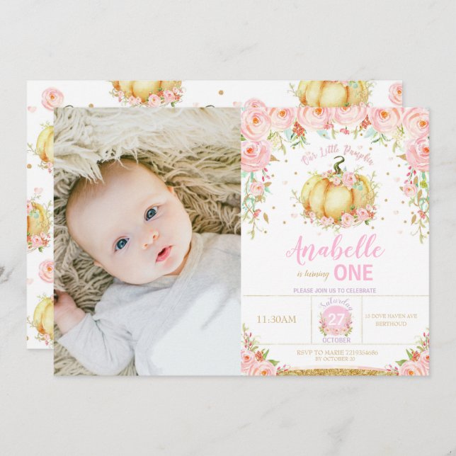 Invitación Calabaza Primer cumpleaños Fiesta de calabaza pequ (Anverso / Reverso)