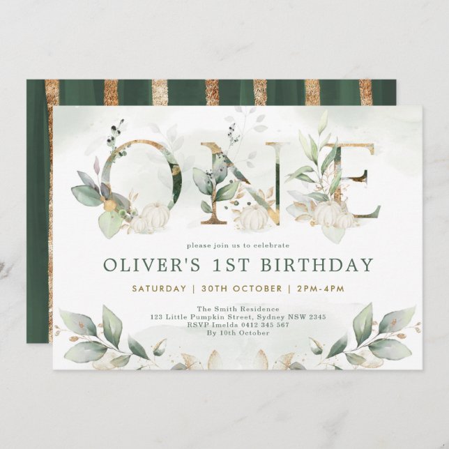 Invitación Calabaza Primer cumpleaños Fiesta de oro de la veg (Anverso / Reverso)