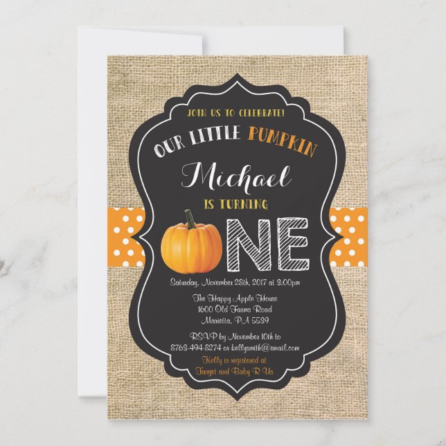 Invitación Calabaza primer cumpleaños Naranja Burlap (Anverso)