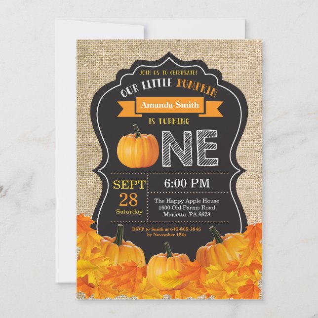 Invitación Calabaza primer cumpleaños Naranja Burlap (Anverso)
