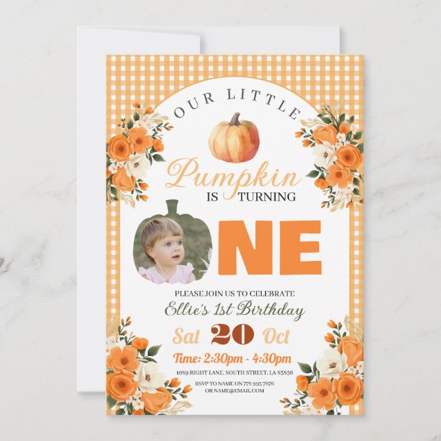 Invitación Calabaza Primer cumpleaños Pequeña Calabaza Otoño  (Anverso)