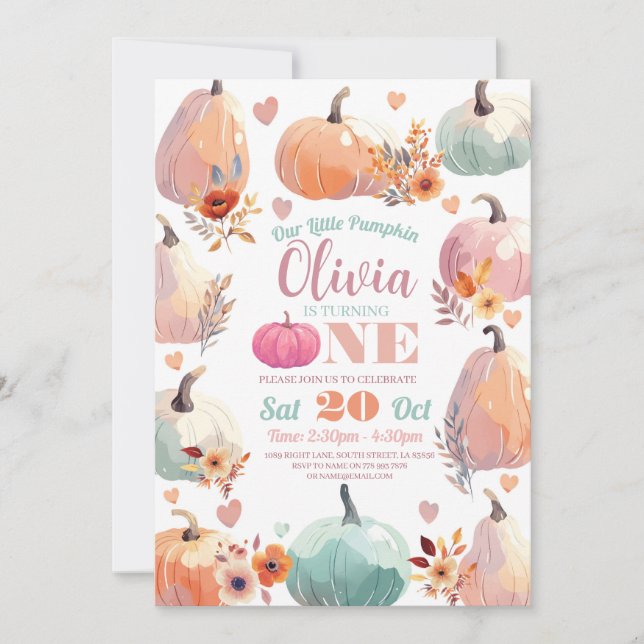 Invitación Calabaza Primer cumpleaños Pequeño Pastel Otoño Ot (Anverso)