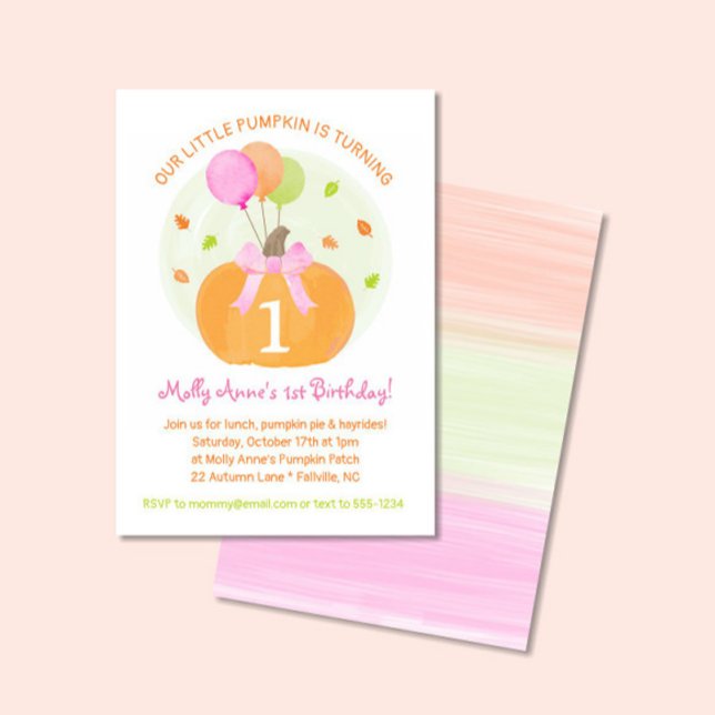 Invitación Calabaza Primer otoño Chica Fiesta (Little Pumpkin with a bow, Balloons & Leaves in watercolor orange, pink and green)