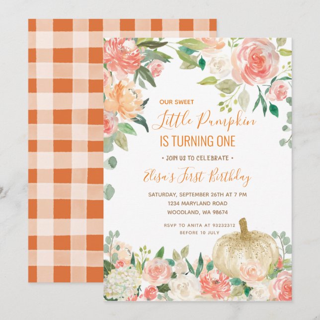 Invitación Calabaza Purpurina Blanca Con Cumpleaños Floral  (Anverso / Reverso)