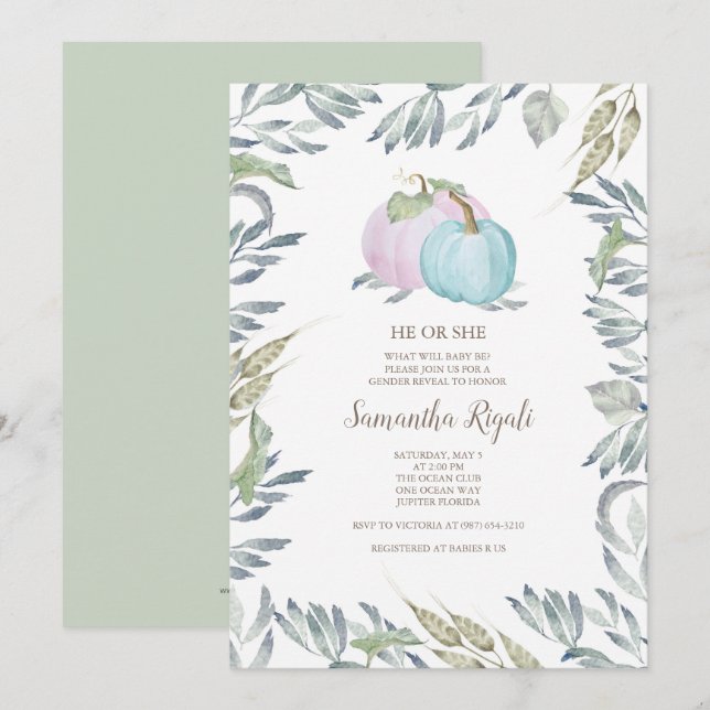 Invitación Calabaza reveladora de género de Baby Shower otoño (Anverso / Reverso)